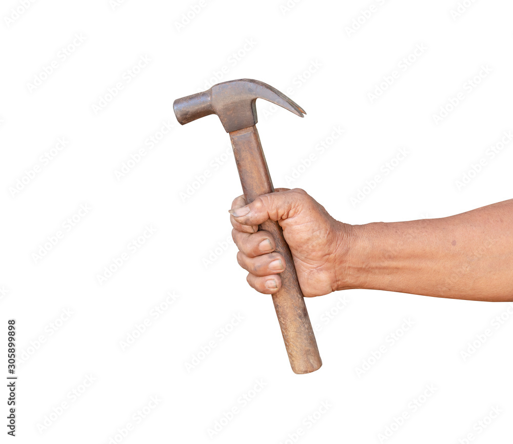A man holding an old and rusty hammer isolated A man holding an old and rusty hammer isolated