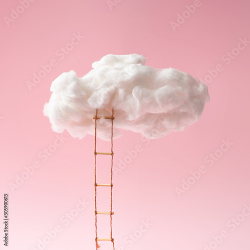 Step ladder leading to clouds . Growth, future, development concept. Minimal pink compostition.
