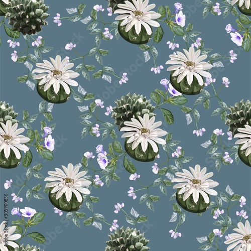 Topical natural with pea flower and cactus seamless pattern vector illustration