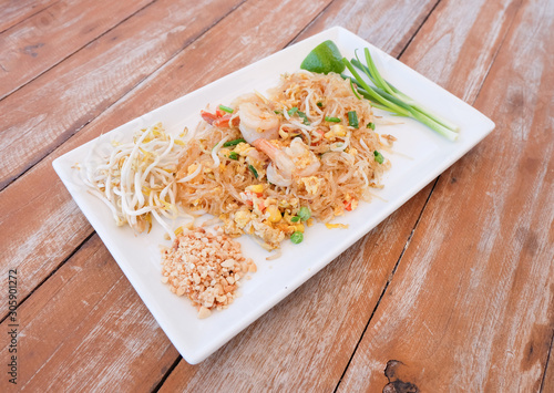 Padthai, stir-fried rice noodles with egg, vegetable and shrimp
