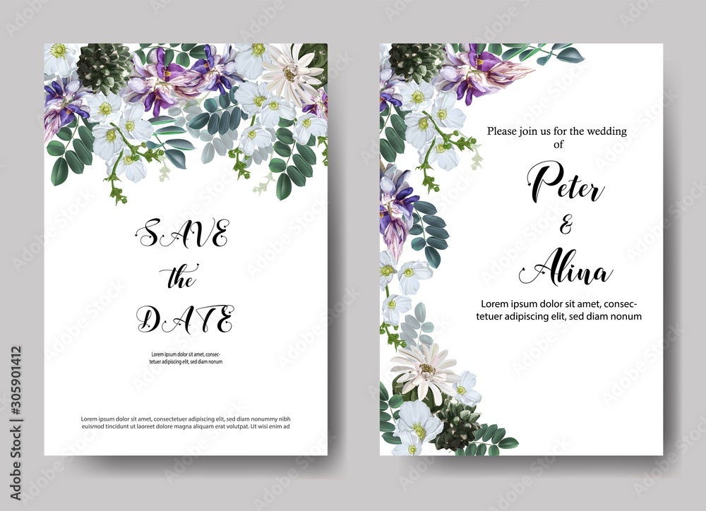 Wedding Invitation card templates with tropical flowers and leaves-vector illustration