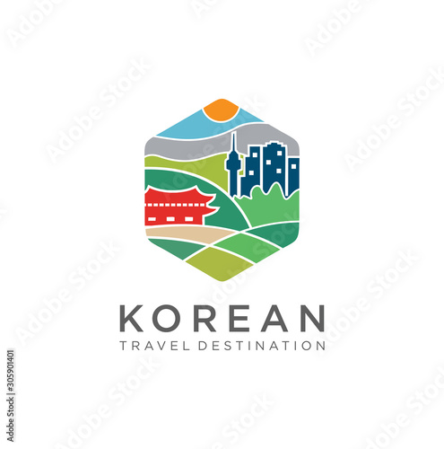 Korean Logo Design Emblem Symbol Icon . Korea Logo Vector . Korea Travel Landmarks . Korea Tourism Logo Vector Stock illustration