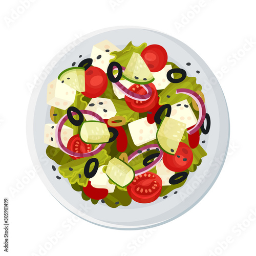 Greek Salad Served on Plate Top Viewed Vector Illustration