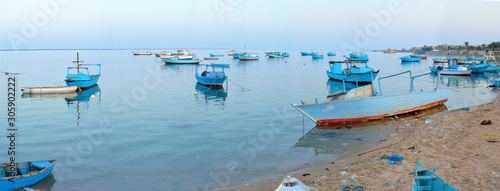 Marina Safaga. Egypt. Fishing boats in the evening. Panorama.