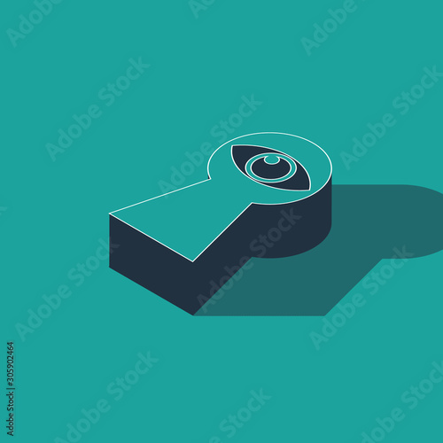 Isometric Keyhole with eye icon isolated on green background. The eye looks into the keyhole. Keyhole eye hole. Vector Illustration