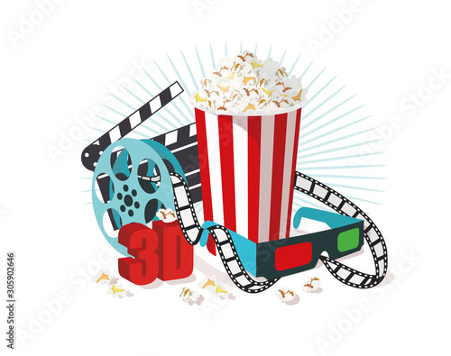 Cinema set with popcorn, 3D glasses, clapperboard and filmstrip. Vector cinema illustration isolated on white background.   © Holovei