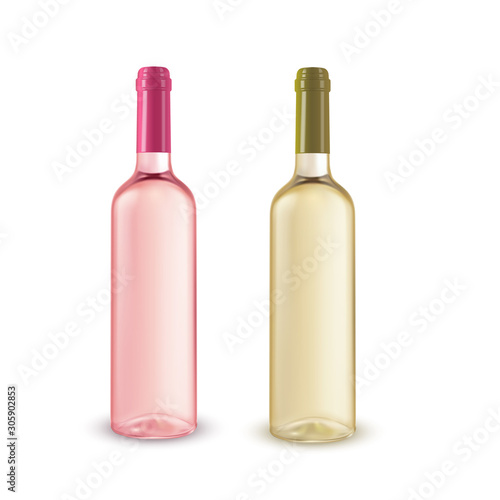 Realistic illustration of 2 bottles of wine without a label.