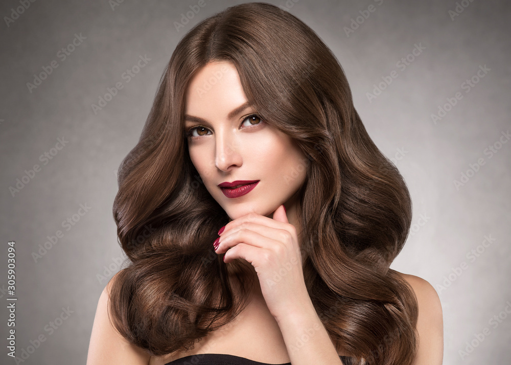 Naklejka premium Beautiful hair woman manicure nails hands and lipstick lip woman face fashion makeup beaauty