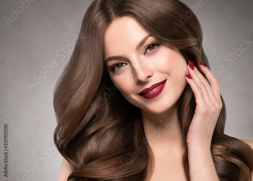 Beautiful hair woman manicure nails hands and lipstick lip woman face fashion makeup beaauty