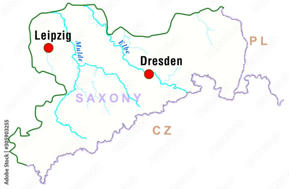 Map of Saxony in Germany - rivers