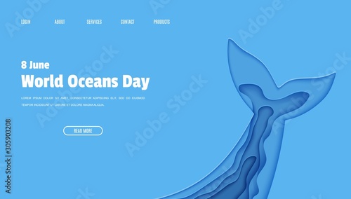 Web page design template World Ocean Day June 8 concept in paper cut style. Tail fin in the wavy form papercut layered. Vector ecological concept the Earth posters, World Water Day, eco brochures.