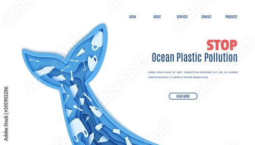Web page design template stop ocean plastic pollution in paper cut style. Tail fin in the form papercut layer cave with plastic bag for rubbish, bottle, disposable tableware. Vector ecological concept