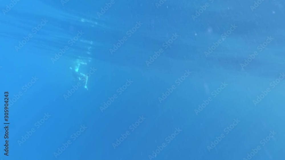 underwater shot in the blue clear sea. A man in swimming trunks keeps on the water. The camera rises above the water and again falls under the water. The rays of the sun make their way under water underwater shot in the blue clear sea. A man in swimming trunks keeps on the water. The camera rises above the water and again falls under the water. The rays of the sun make their way under water