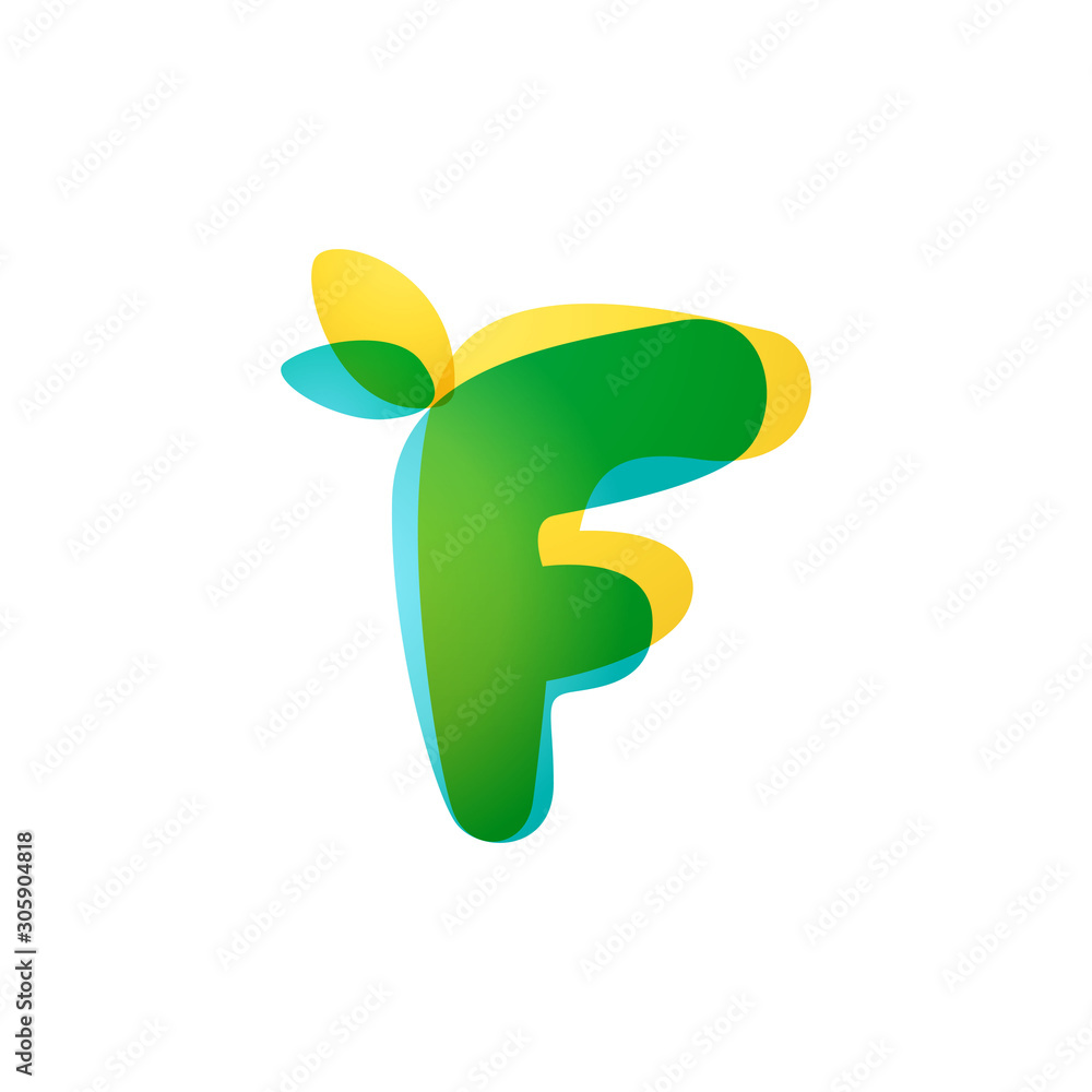 F letter eco logo. Overlapping gradient font with green leaves. F letter eco logo. Overlapping gradient font with green leaves.