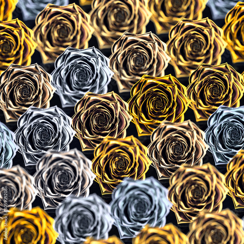 Field of metallic roses flowers with different colors and depth of field