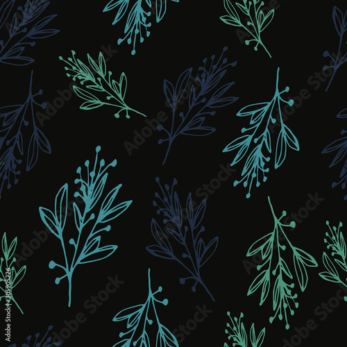 Floral seamless pattern in line art style.  Abstract botanical print of flowers, leaves, twigs. Textile design texture. Spring blossom background. Vector illustration.
