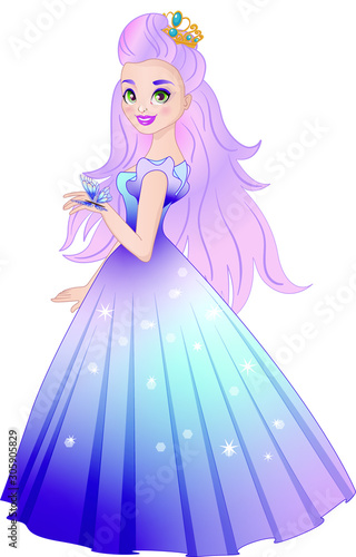 Illustration of beautiful princess with butterfly. Color illustration.