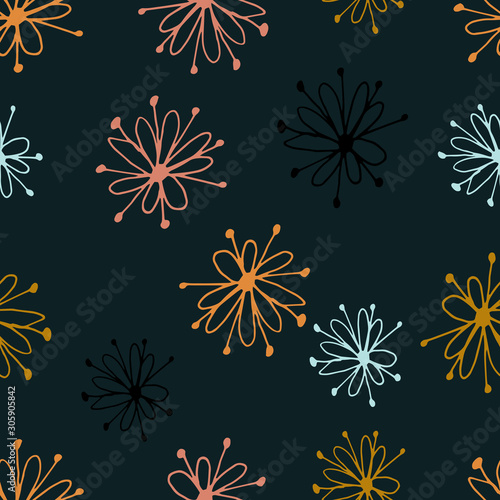 Floral seamless pattern in line art style.  Abstract botanical print of flowers, leaves, twigs. Textile design texture. Spring blossom background. Vector illustration.