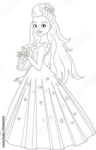 Illustration of beautiful princess with butterfly. Colouring page. Outline illustration