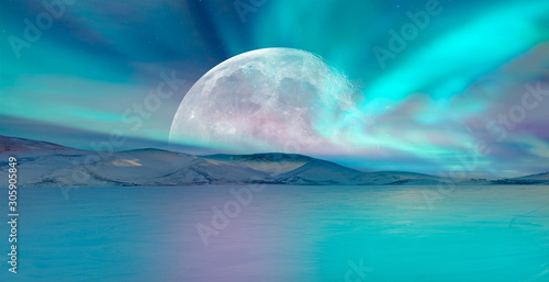 Northern lights (Aurora borealis) over the clouds with super full moon -  Elements of this image furnished by NASA Stock Photo