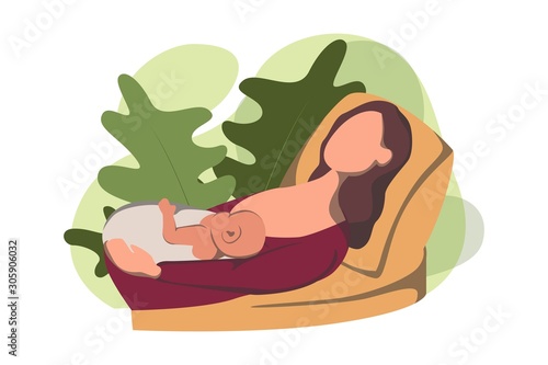 Lying breastfeeding position. Mother feeds. Mom lactation infant milk. Motherhood and childhood. Cartoon flat vector illustration