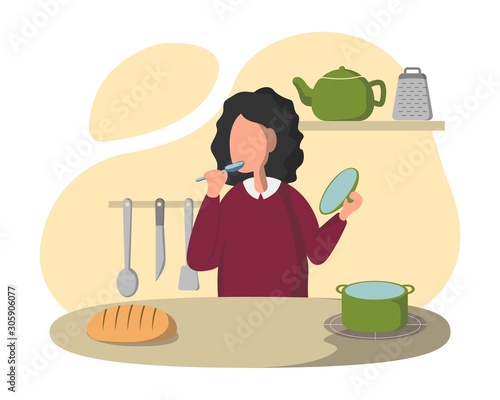 Young Woman Cooking soup in the kitchen. Prepare Food. Healthy Food. Healthy Lifestyle. Cooking At Home. Vector flat cartoon illustration.