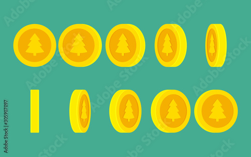 Coin with Christmas tree rotating animation sprite sheet on plain background