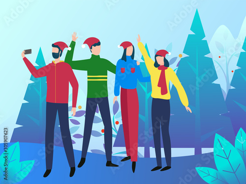 Friends spending winter holidays in vacation on nature vector. People taking selfie with pine forest on background. Christmas or new year celebration. Colleagues or couples posing outdoors flat style