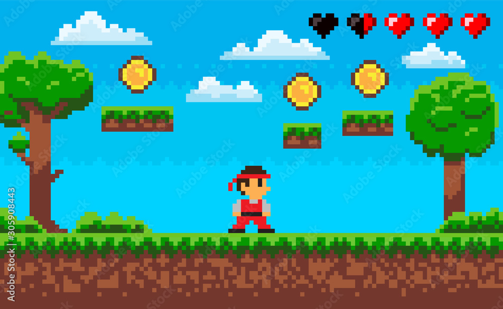 Arcade pixel game vector, fighting personage wearing uniform. Trees and grass, health point hearts scale, coins for gathering more points, money sign