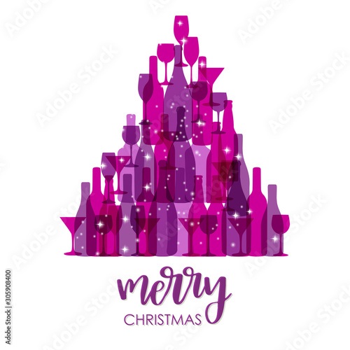 Happy new year poster made with wine and champagne bottles and glasses. Violet Christmas tree on white background. Vector holiday card