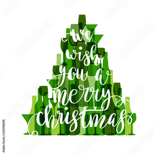 Happy new year poster made with wine and champagne bottles and glasses. Violet Christmas tree on white background. Vector holiday card
