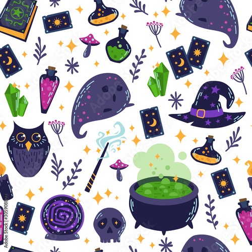Magic witchcraft seamless pattern with witch magic elements. Vector