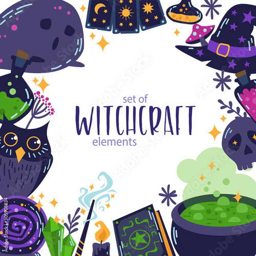 Set of witch magic elements. Composition with witchcraft objects, book, magic ball, wizard hat. Vector