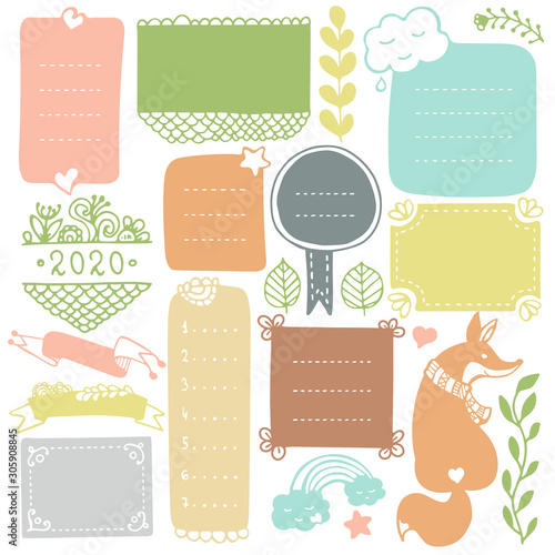 Bullet journal hand drawn vector elements for notebook, diary and planner. Doodle frames isolated on white background. 