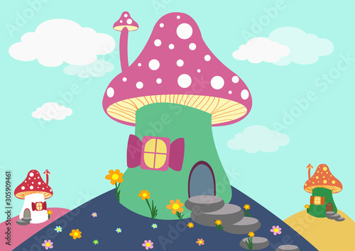 Canvastavla Colorful mushroom house