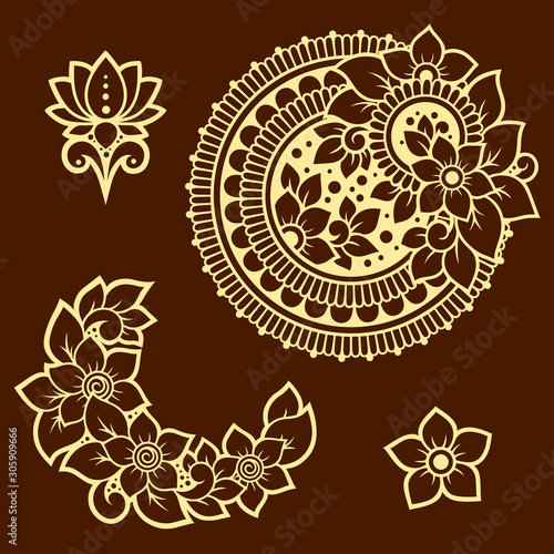 Set of Mehndi flower pattern and mandala for Henna drawing and tattoo. Decoration in ethnic oriental, Indian style. Doodle ornament. Outline hand draw vector illustration.