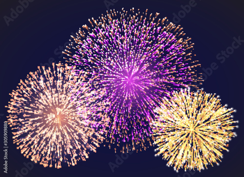 Bright festive fireworks on holiday celebration. Pyrotechnics show on night or evening sky. Entertainment for people on 4th of july or diwali. Colorful explosions. Vector illustration in flat style