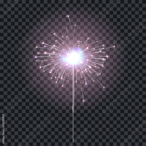 Sparkler or bengal fire lighting element festive decoration. Magic firework for holiday and birthday. Isolated on transparent background. Vector stock illustration