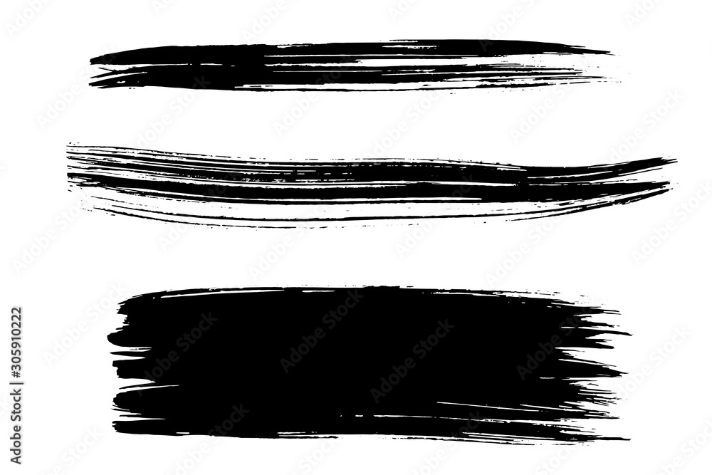 Vector Set of three large and long brush strokes with black artistic ink. Hand drawn illustration isolated on white Vector Set of three large and long brush strokes with black artistic ink. Hand drawn illustration isolated on white