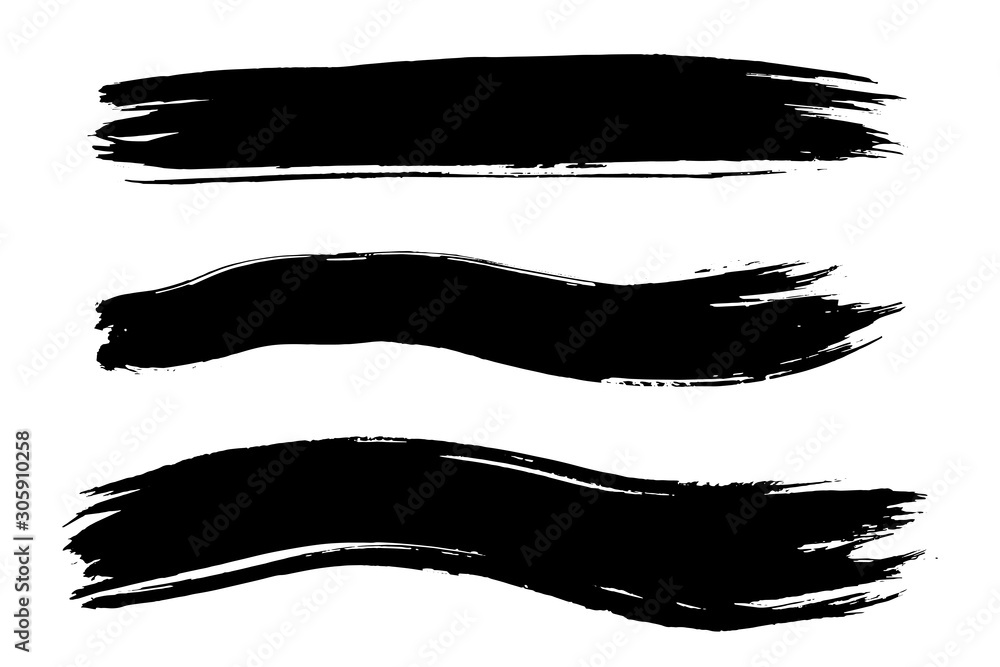 Vector Set of three large and long brush strokes with black artistic ink. Hand drawn illustration isolated on white Vector Set of three large and long brush strokes with black artistic ink. Hand drawn illustration isolated on white