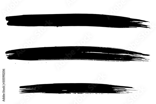 Vector Set of three large and long brush strokes with black artistic ink. Hand drawn illustration isolated on white