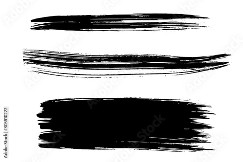 Vector Set of three large and long brush strokes with black artistic ink. Hand drawn illustration isolated on white