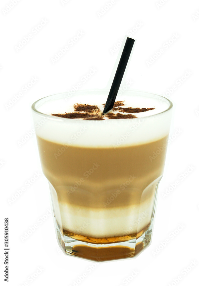 coffee, latte in a transparent glass, with froth, cappuccino with latte art and a straw, isolate on a white background coffee, latte in a transparent glass, with froth, cappuccino with latte art and a straw, isolate on a white background