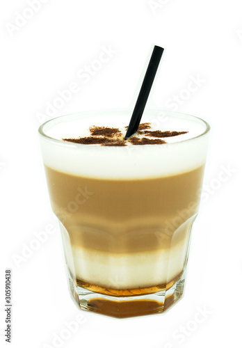 coffee, latte in a transparent glass, with froth, cappuccino with latte art and a straw, isolate on a white background