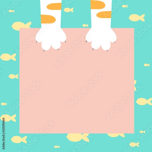 Cute yellow tabby cat hold pink paper and yellow fish on blue background