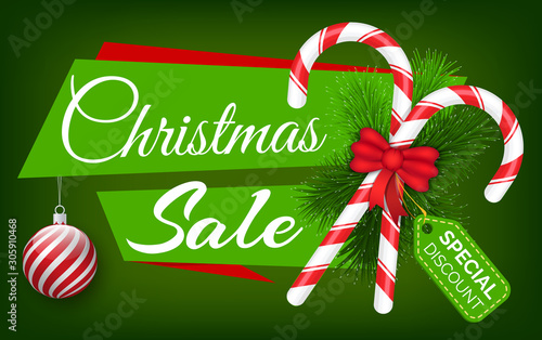 Christmas sale, special discounts and offers on holiday gifts. Xmas traditional celebration, poster with promotion. Green background with caption and decoration like candy cane and tree balls
