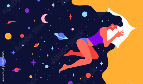 Modern flat character. Woman sleeping in bed with universe