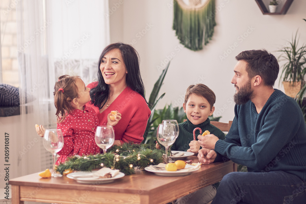 Family Together Christmas Celebration Concept. Family Enjoying christmas dinner background