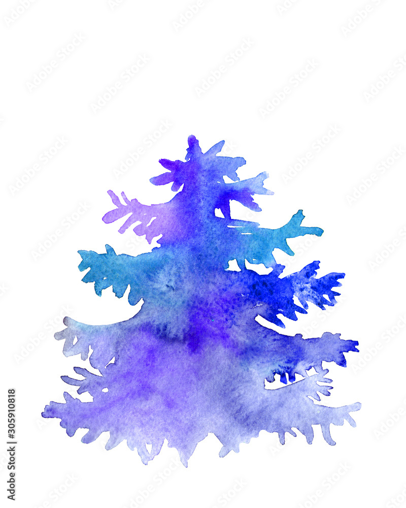 Obraz Watercolor christmas light dark blue tree painted by hand isolated on a white background. Vertical raster postcard template with place for your text.