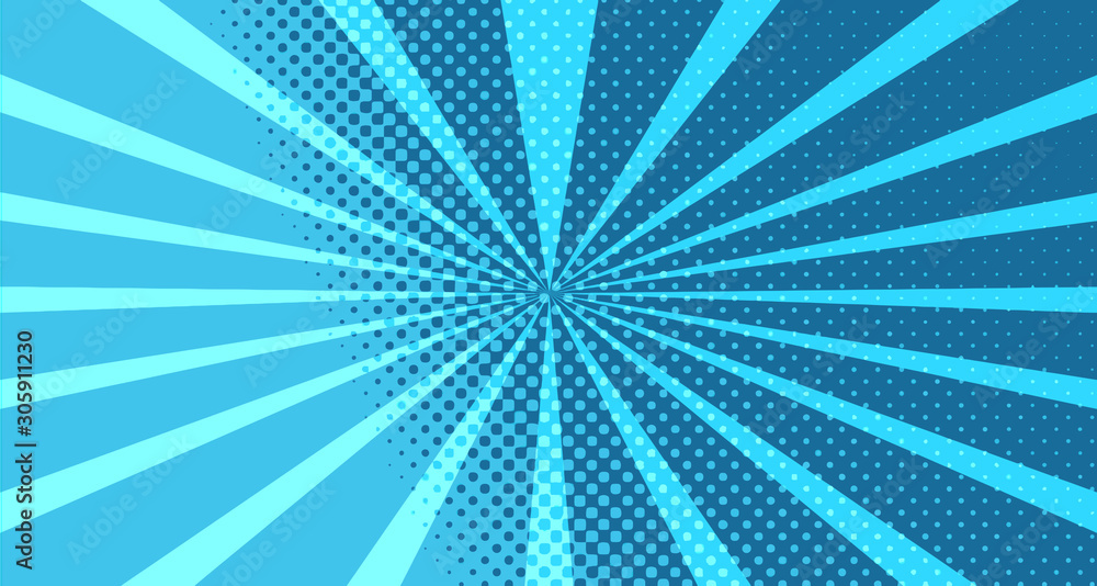 Vintage colorful comic book background. Blue blank bubbles of different shapes. Rays, radial, halftone, dotted effects. For sale banner for your designe 1960s. With copy space eps10.